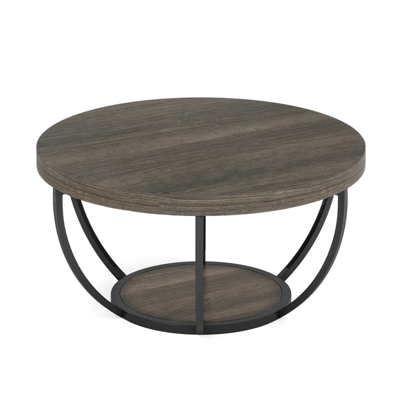Ronde Salontafel – Bijzettafel – Koffietafel – Woonkamertafel – Houten Tafel – 80 Cm Diameter – Stevige Metalen Poten - Grijs en Zwart