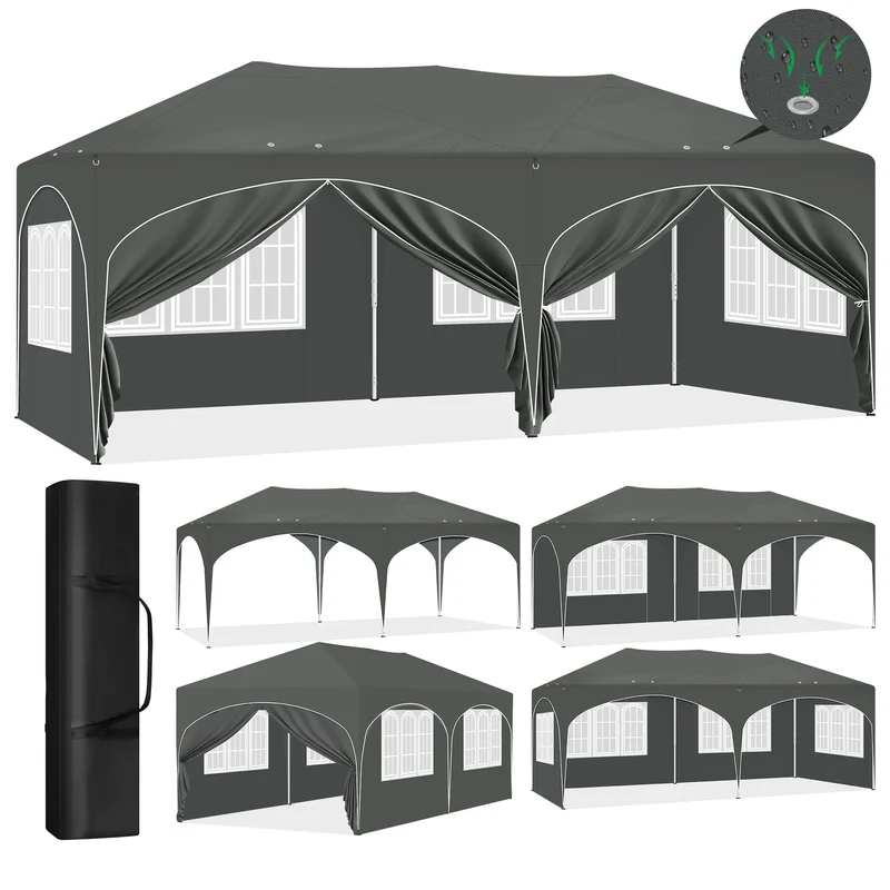 Paviljoen - Tuinpaviljoen - Partytent - Tuintent - Pop-up Kliksysteem - Stabiel - Vouwtent - Opvouwbaar - Weerbestendig - met 6 Zijwanden - 50+UV-Bescherming - voor Tuin - Buiten - Achtertuin - 210D Oxford - 3 x 6 m - Grijs