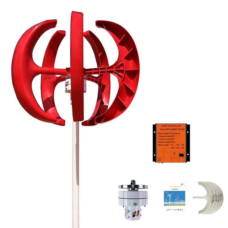 Windturbine - Windmolen - Windturbine Generator - Windenergie - Verticale As - 400W - 24V - met MPPT Controller - 5 Messen - Stille & Efficiënte Energieoplossing - voor Thuisgebruik en Off Grid Systemen - Rood
