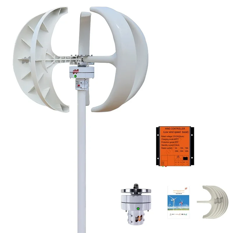 Windturbine - Windmolen - Windturbine Generator - Windenergie - Verticale As - 400W - 24V - met MPPT Controller - 5 Messen - Stille & Efficiënte Energieoplossing - voor Thuisgebruik en Off Grid Systemen - Wit