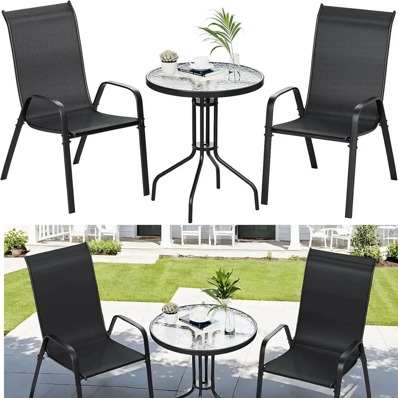 Compact Balkonset – 3-Delige Tuinset – Balkontafel Met Glasplaat – Stapelbare Stoelen – Metalen Frame – Ademend Stof