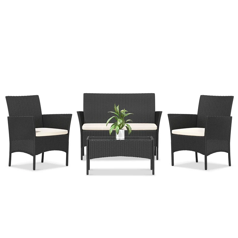 Rattan Loungeset – Tuinset – Loungeset Balkon – Buitenmeubel – Compact 4-Delig – Weerbestendig Staal – Gehard Glas