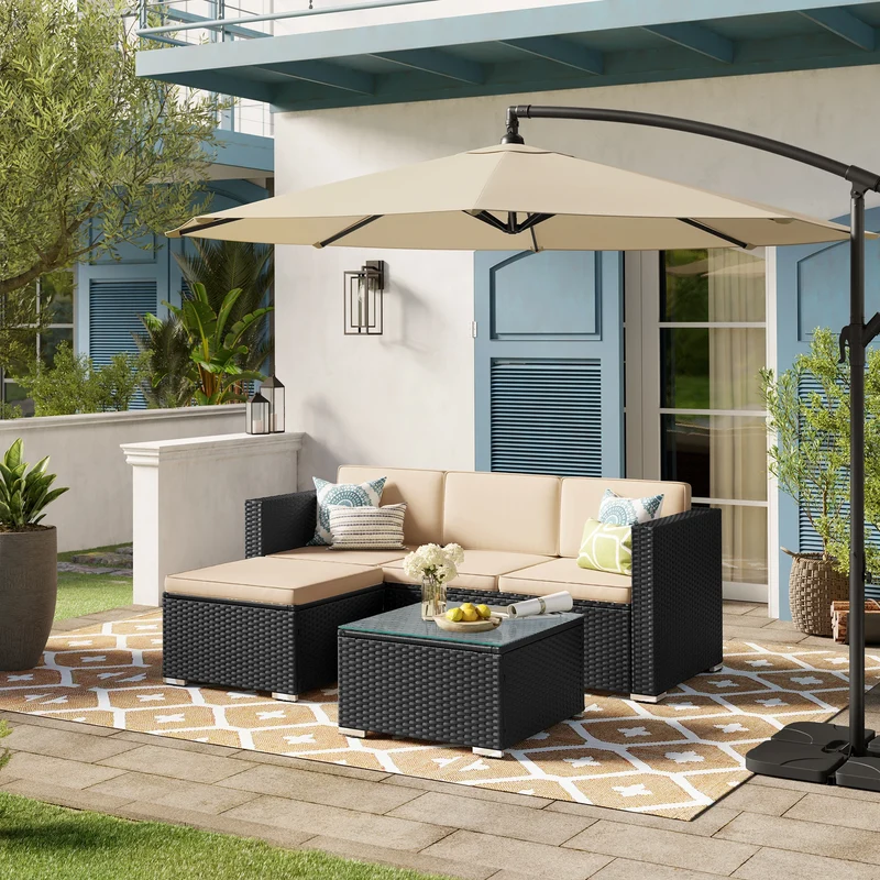 Loungeset – Buitenmeubel – Tuinset – Buitenbank – 3-Zitsbank Met Poef – Weerbestendig PE-Rattan – Afneembare Kussens