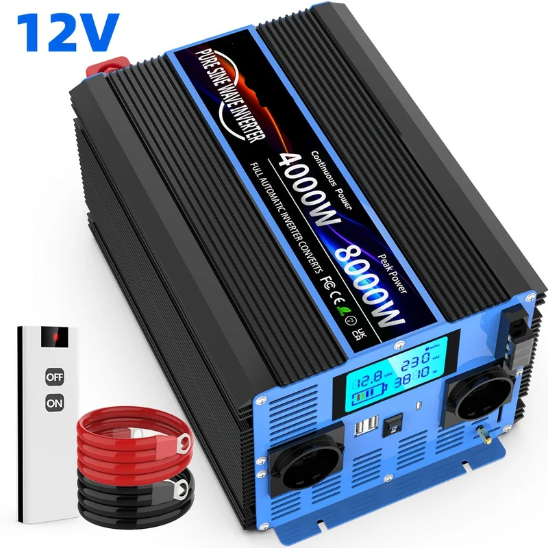 Spanningsomzetter – Power Inverter – 12V Naar 230V – Omvormer - Draagbare Wisselstroomomzetter – 4000W Continu – Dubbele Stopcontacten