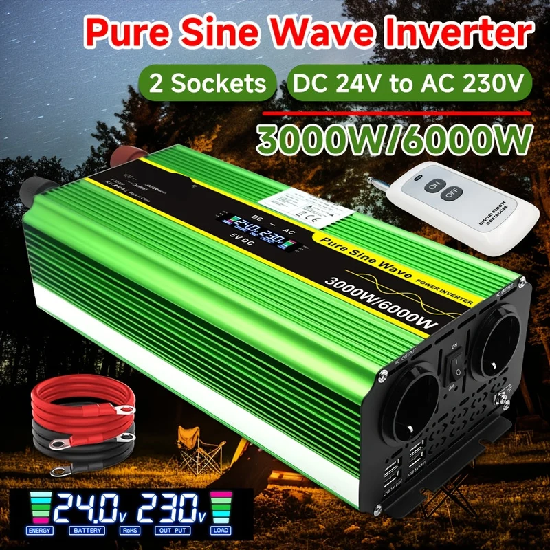 Spanning Inverter – Power Inverter – Omvormer – 12V Naar 230V – Pure Sinusgolf – 3 UK Stopcontacten – 1300W Tot 6000W