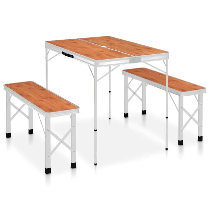 Inklapbare Campingtafel – Lichtgewicht Tafel – Compacte Tafel – Tafel Met Banken – Aluminium En MDF – Weerbestendig Design