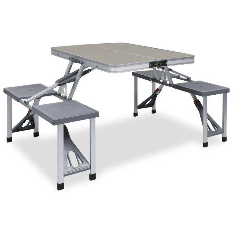 2-in-1 Opvouwbare Campingtafel – Picknicktafel – Vouwtafel – Kampeertafel – Tuinmeubel – Roestvrij Staal – Inclusief 4 Stoelen