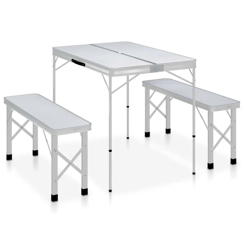 Compact Opvouwbare Campingtafel – Draagbare Campingtafel – Picknicktafel – Tafel Met Bankjes – Aluminium & MDF – Lichtgewicht En Weerbestendig - Wit