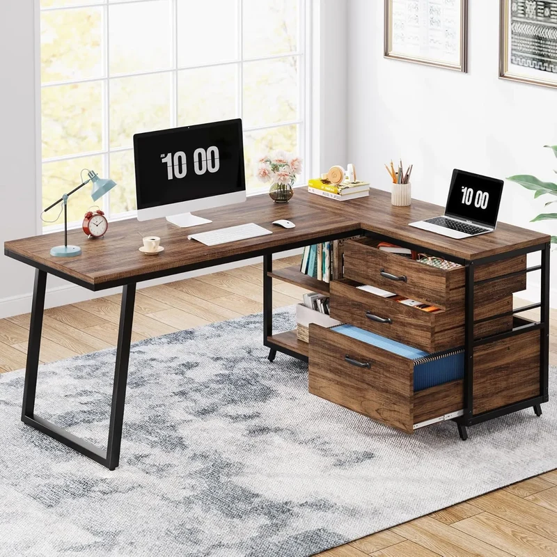 Hoekbureau – L-Vormig Bureau – Bureau Met Lade – Thuiswerkbureau – Studiebureau – Stevig Metalen Frame – Verstelbare Pootjes