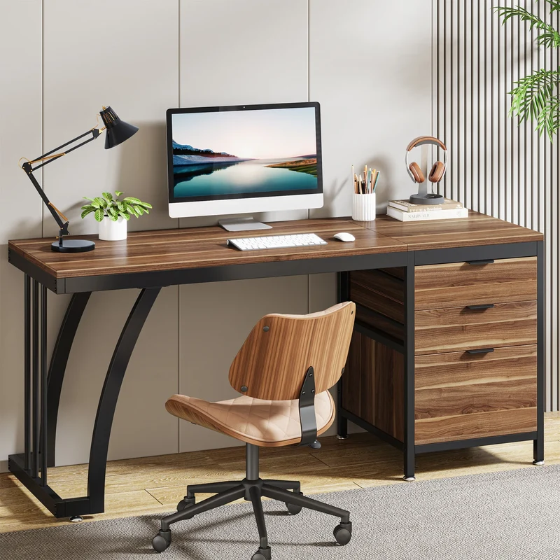 Bureau – Computerbureau – Werktafel – Studiebureau – Schrijftafel – Industriële Constructie – Verstelbare Laden - Walnoot