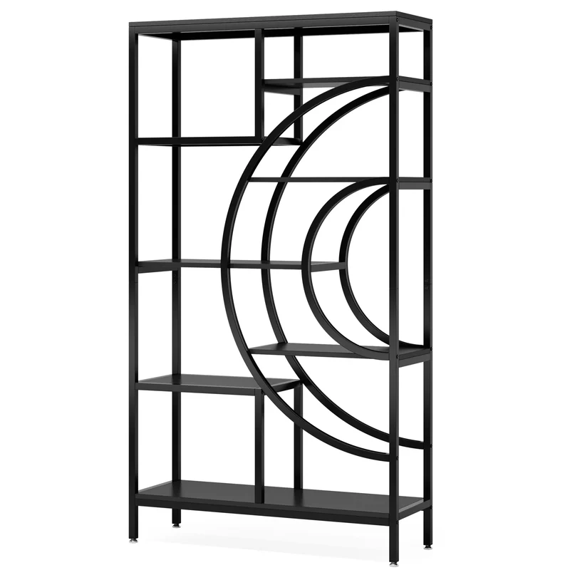 Boekenkast – Open Kast – Plankenrek – Opbergmeubel – Houten Frame – Industrieel Metalen Frame – 8-Laags Geometrisch Design - Zwart