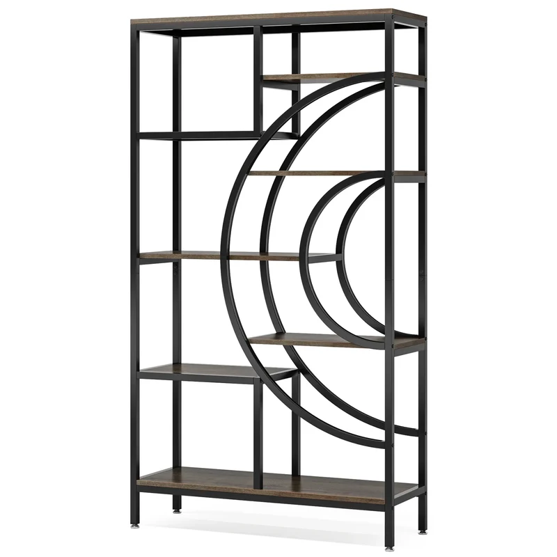 Boekenkast – Open Kast – Plankenrek – Opbergmeubel – Houten Frame – Industrieel Metalen Frame – 8-Laags Geometrisch Design - Bruin