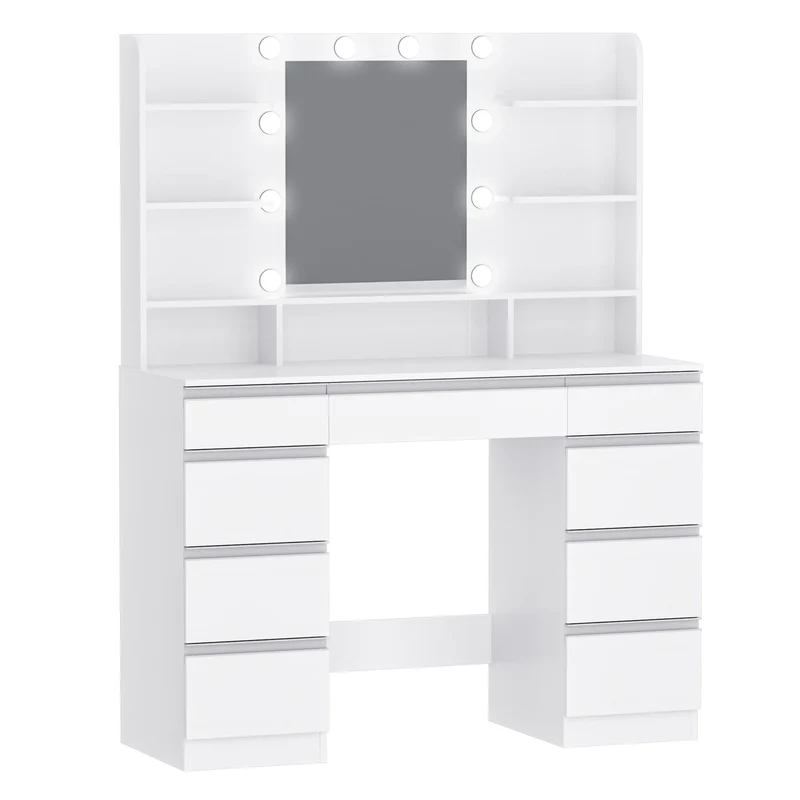 Kaptafel – Make-Up Tafel – Visagie Spiegel – Beauty Table – Met Dimbare LED-Verlichting – 9 Lades