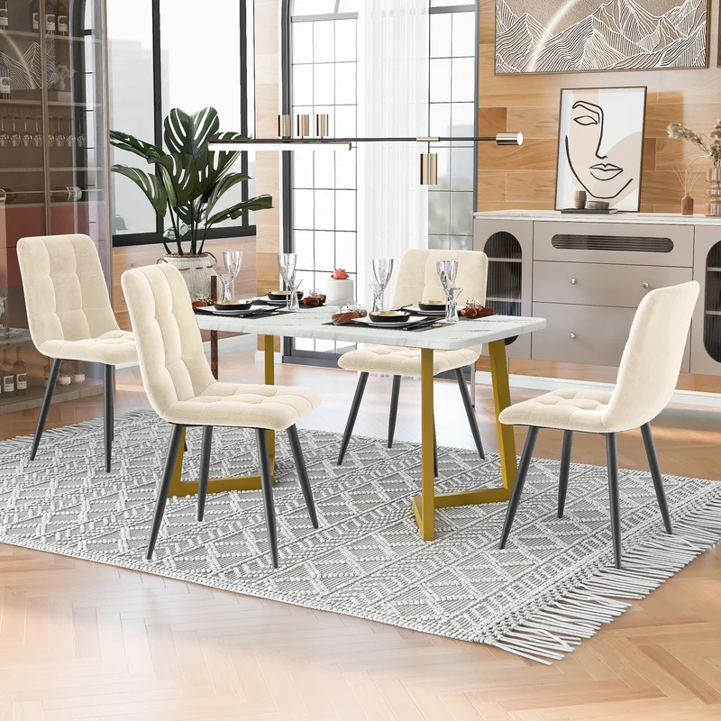 Eettafelset – Dinerensemble – Eettafel Met Stoelen – Keukentafelset – Compact Design – Marmerlook Tafelblad – Fluwelen Stoelen Met Gouden Poot - Beige