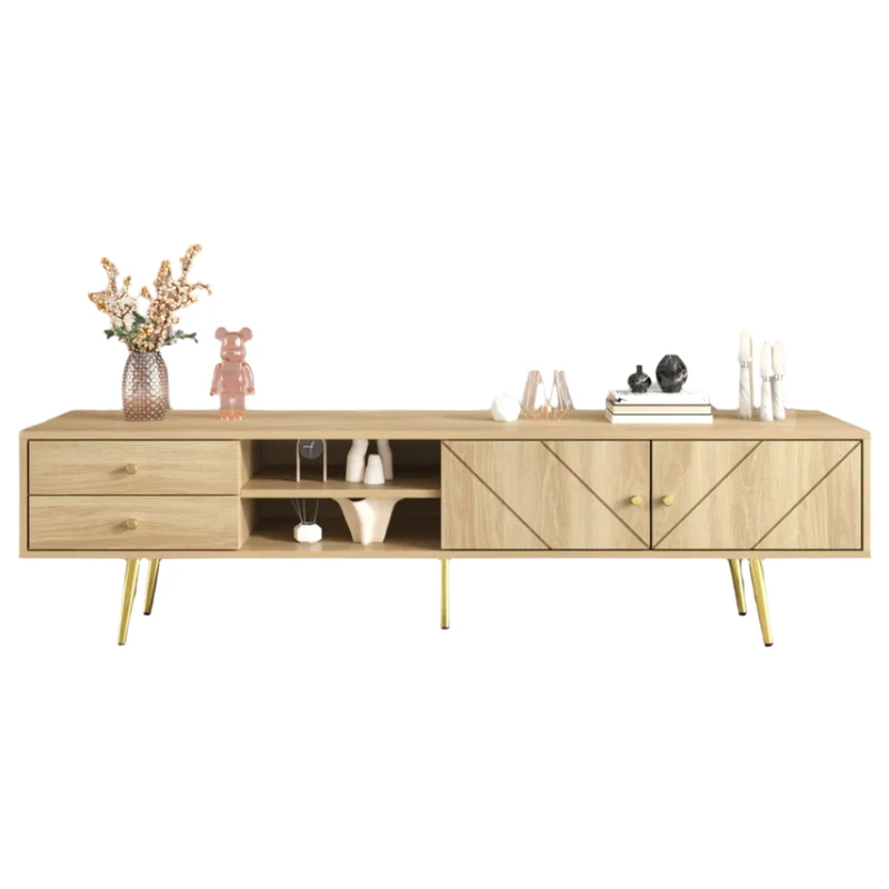 Tv-Meubel – Tv-Kast – Mediameubel – Opbergmeubel – Licht Eiken Finish – Gouden Metalen Poten - 160 x 36 x 42 - Houtkleur