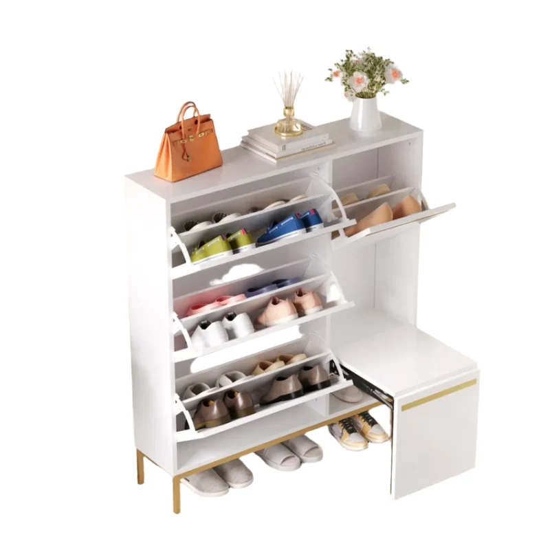 Schoenenkast – Schoenopberger – Schoenrek – Schoenmeubel – Zitbank – Uitschuifbaar – MDF – 15-22 Paar Schuien - 105 x 115,5 x 25 - Wit