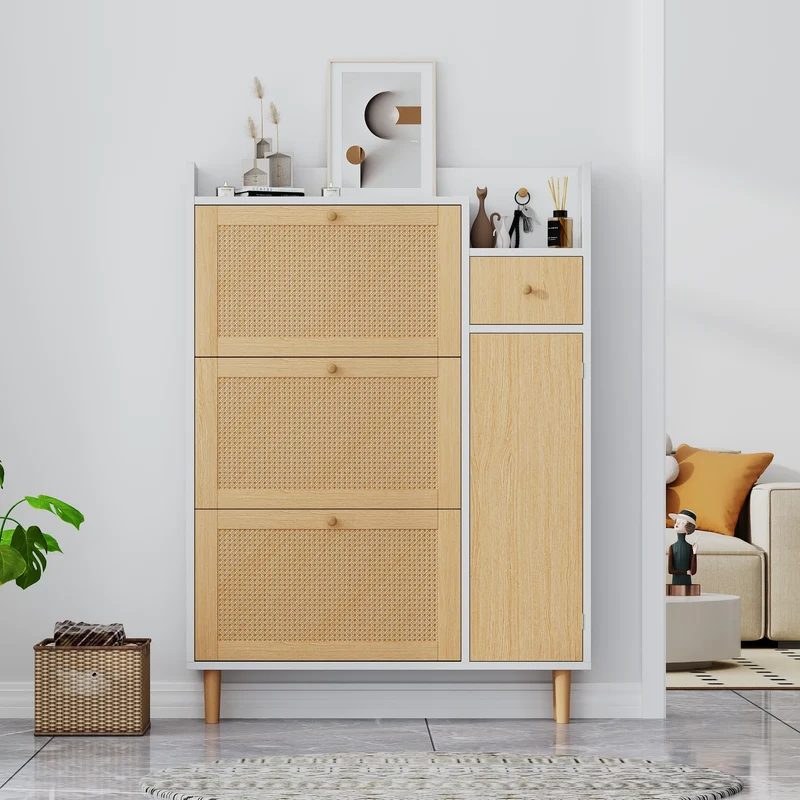 Schoenenkast – Schoenenrek – Schoenenopberger – Schoenenmeubel – Verstelbare Planken – 15-20 Paar – MDF Met Houten Details - Wit