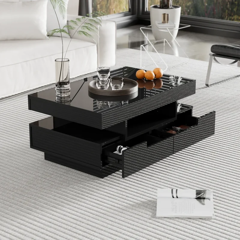 Salontafel – Bijzettafel – Nachtkastje – LED Lage Tafel – Hoogglans – LED-Strip Met Kleurinstelling – Vier Verborgen Lades - 80x50x36 cm - Zwart