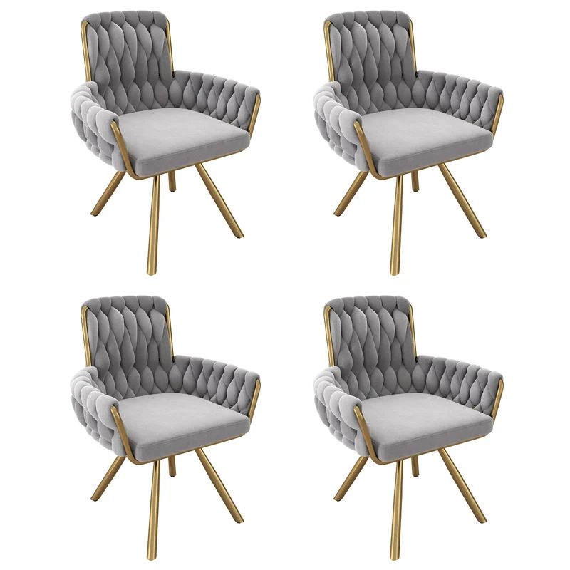 Eetkamerstoel – Set van 4 - Fluwelen Stoel – Comfortabele Stoel – Draaistoel – 360° Draaibaar – Hoge Rugleuning – Stalen Frame - Grijs