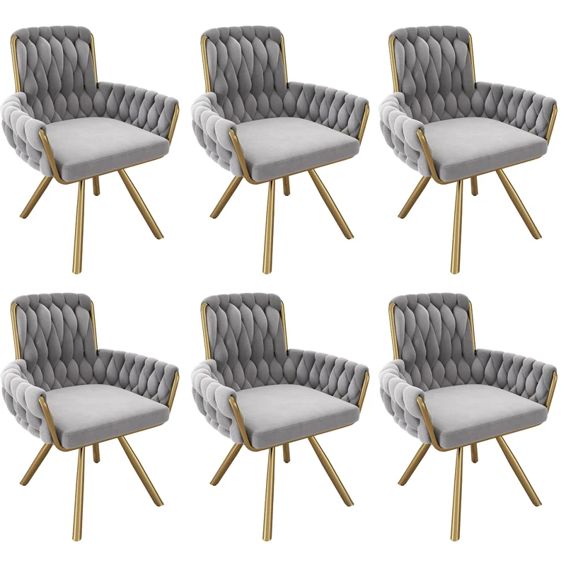 Eetkamerstoel – Set van 6 - Fluwelen Stoel – Comfortabele Stoel – Draaistoel – 360° Draaibaar – Hoge Rugleuning – Stalen Frame - Grijs