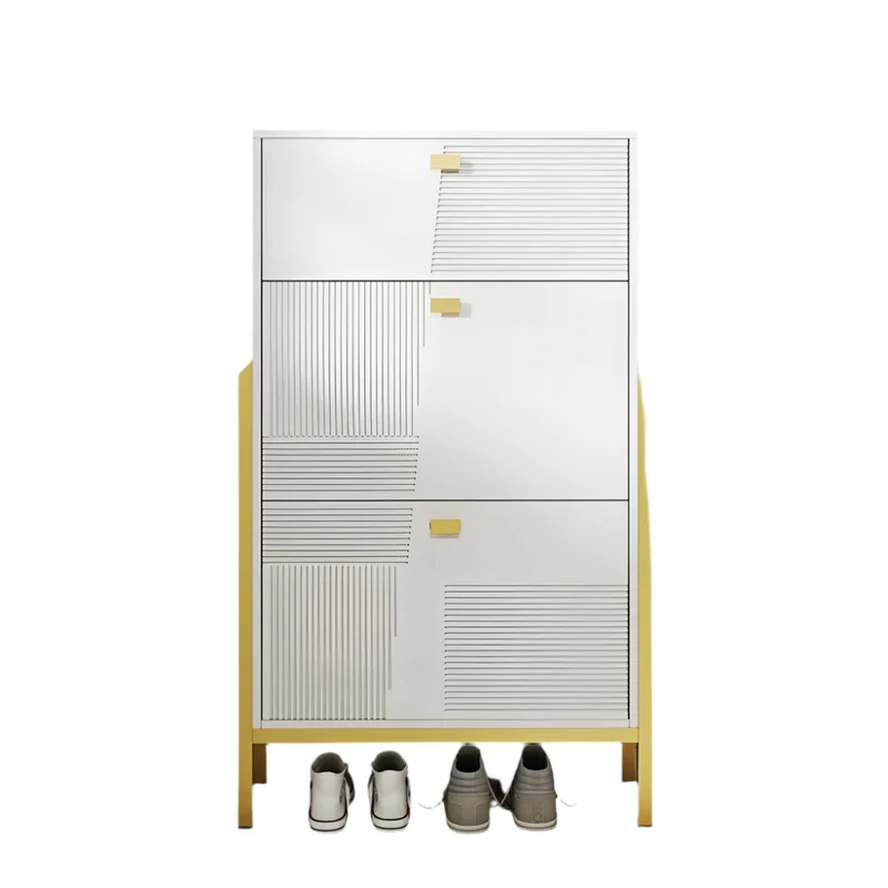 Schoenenrek – Schoenenkast – Opbergkast – Schoenrek – Schoenopberger – Dubbele Planken – Gouden Accenten - 65 x 120,5 x 25 cm - Wit