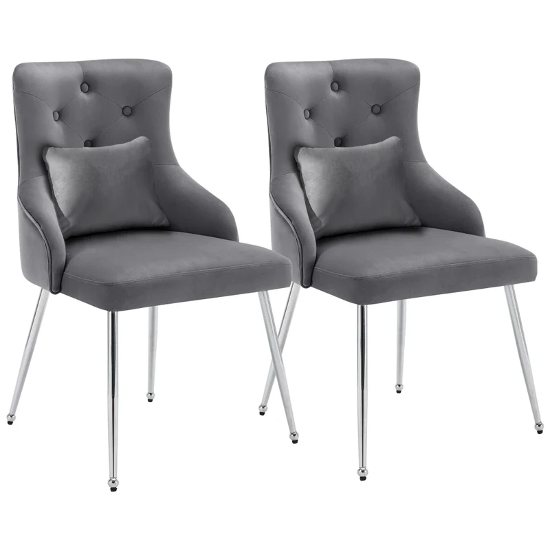 Eetkamerstoel – Set van 2 - Fluwelen Eetkamerstoel – Comfortabele Stoel – Moderne Zitstoel – Luxe Eettafelstoel – Hoogwaardig Schuim – Ergonomische Lendensteun - 54.5 x 58.5 x 87.5 cm - Donkergrijs