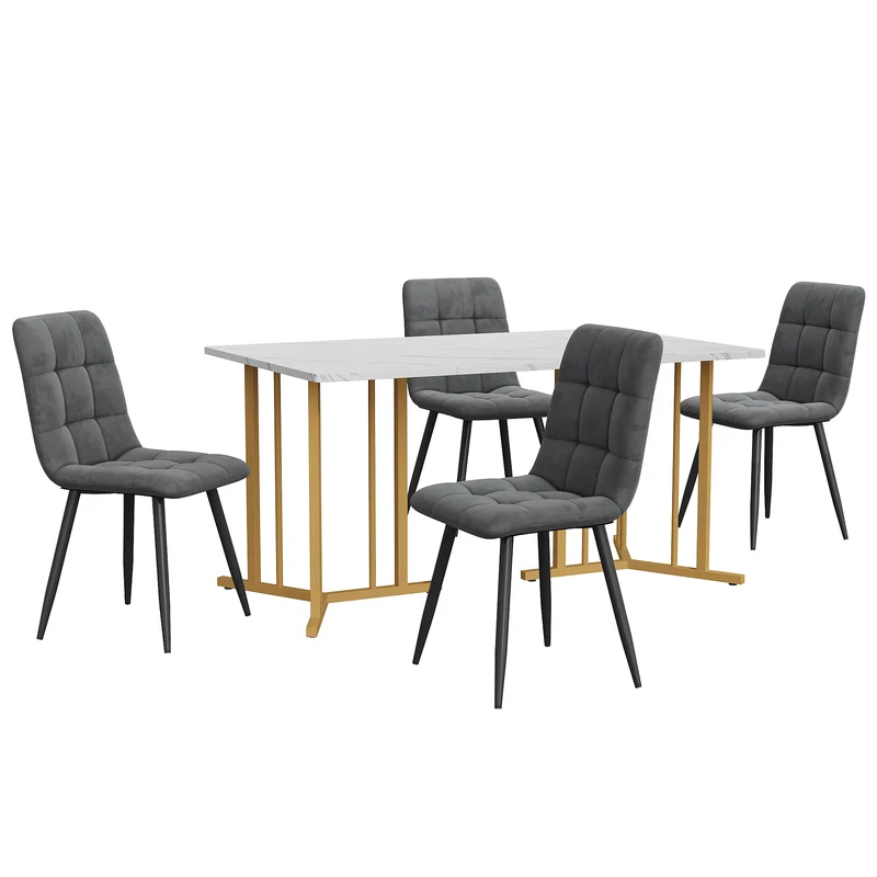 Eettafelset – Eettafel Met Stoelen – Dinerset – Fluwelen Stoelen – 140x80 Cm Tafel – Verstelbare Pootjes – Metalen Frame - Grijs & Goud