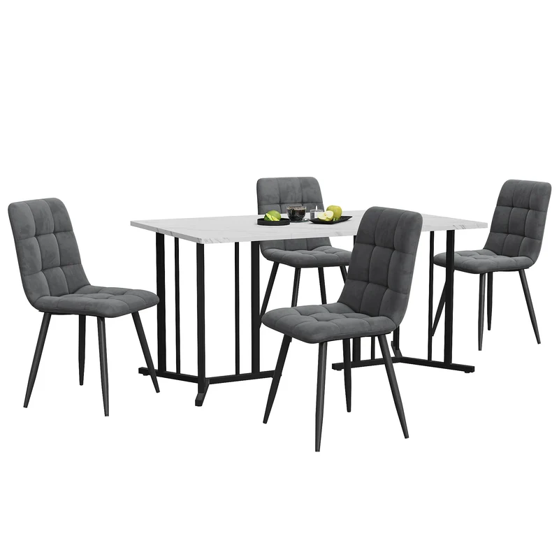 Eettafelset – Eettafel Met Stoelen – Dinerset – Fluwelen Stoelen – 140x80 Cm Tafel – Verstelbare Pootjes – Metalen Frame - Grijs & Zwart