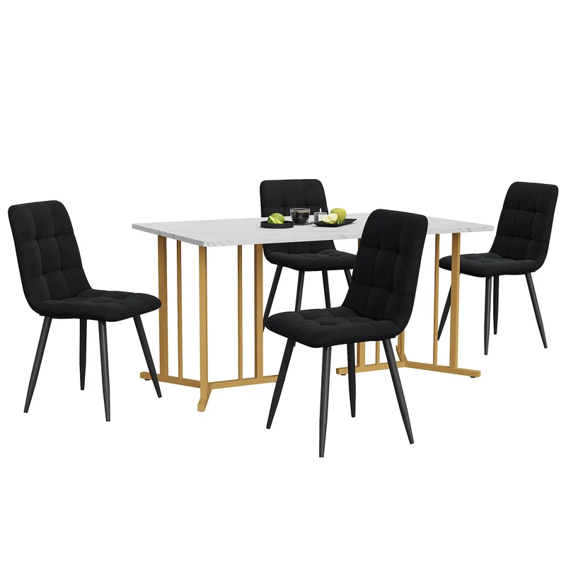 Eettafelset – Eettafel Met Stoelen – Dinerset – Fluwelen Stoelen – 140x80 Cm Tafel – Verstelbare Pootjes – Metalen Frame - Zwart & Goud