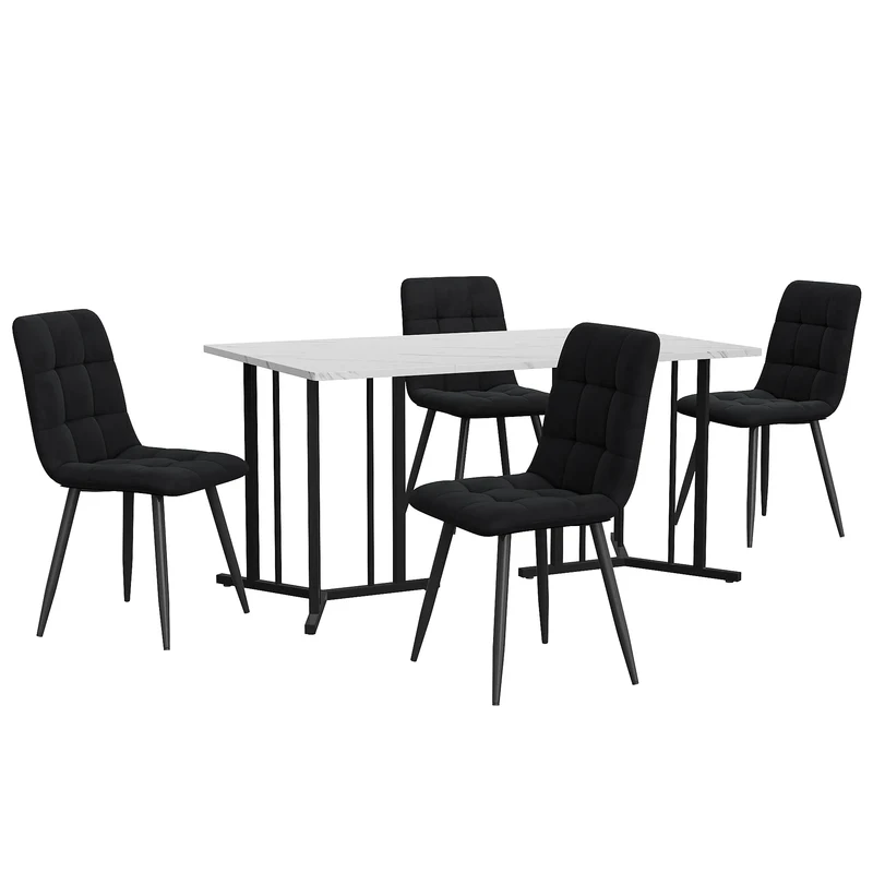 Eettafelset – Eettafel Met Stoelen – Dinerset – Fluwelen Stoelen – 140x80 Cm Tafel – Verstelbare Pootjes – Metalen Frame - Zwart