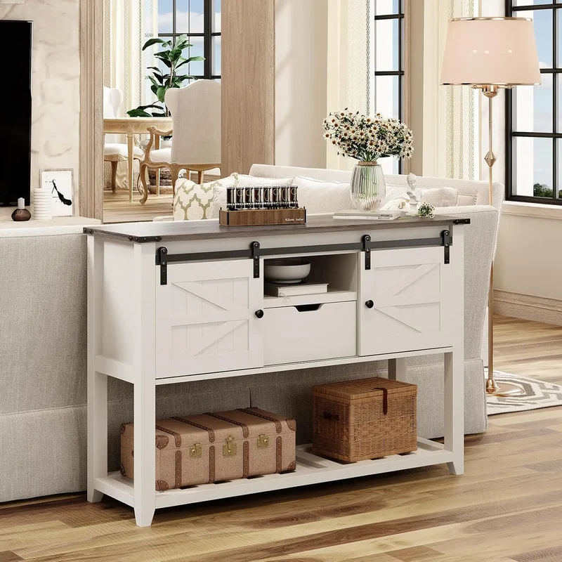 Consoletafel – Entreetafel – Opbergkast – Buffetkast – Houtnerf – Schuifdeuren – Veel Opbergruimte - 46 x 14.1 x 31.6 in - Walnoot Wit