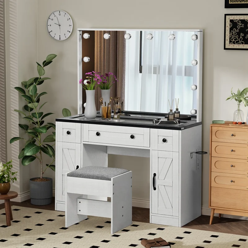 Make-Up Tafel – Make-Up Bureau – Dressing Tafel – Visagie Tafel – Verlichte Spiegel – Ruime Opbergruimte – Inclusief Comfortabele Kruk