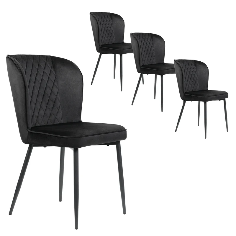 Eetkamerstoel – Set van 4 - Stoel Voor Eetkamer – Bureaustoel – Extra Zitplaats – Metalen Frame – Fluwelen Bekleding – Hoge Dichtheid Schuim - Zwart