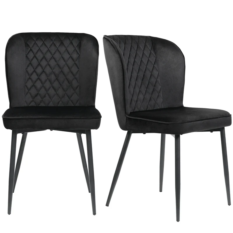 Eetkamerstoel – Set van 2 - Stoel Voor Eetkamer – Bureaustoel – Extra Zitplaats – Metalen Frame – Fluwelen Bekleding – Hoge Dichtheid Schuim - Zwart