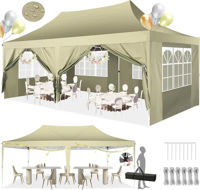 Tuinpaviljoen – Paviljoen – Partytent – Opvouwbare Tent – Overdekt 18 m² – Waterdicht 210D Oxford – Verstelbaar Op 3 Hoogtes - 3x6m - Khaki