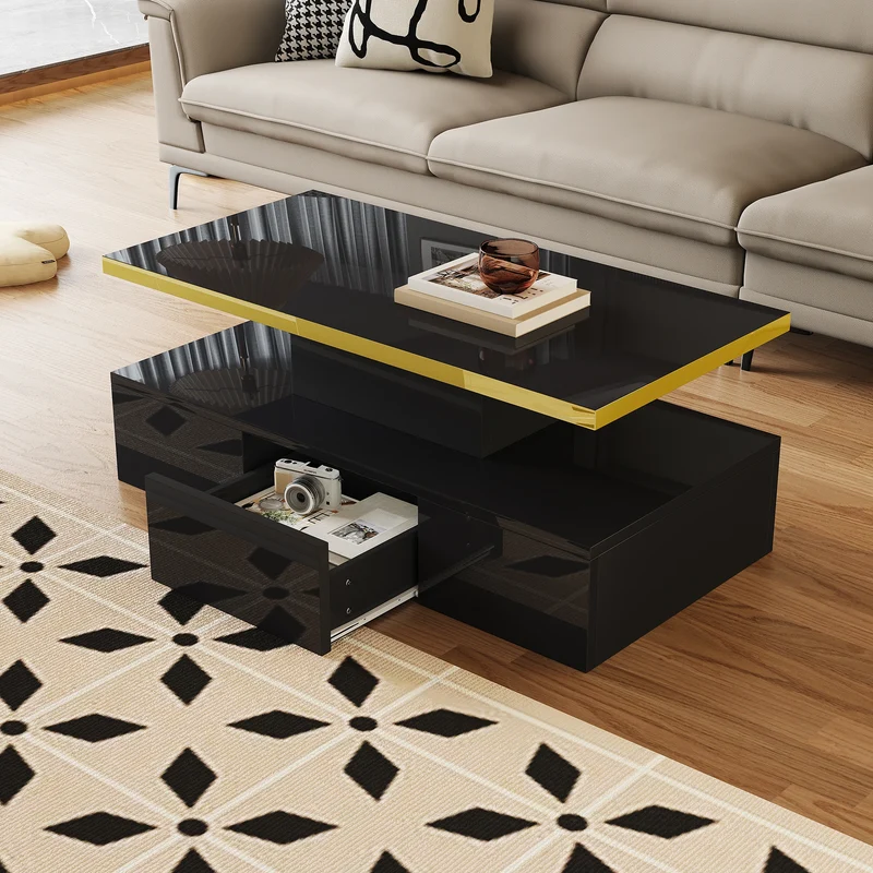 Salontafel – Koffietafel – Woonkamertafel – Tafel – Hoogglans Wit – Twee Niveaus – Verborgen Lade - Zwart