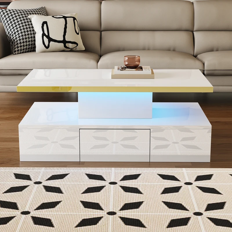 Salontafel – Koffietafel – Woonkamertafel – Tafel – Hoogglans Wit – Twee Niveaus – Verborgen Lade - Wit en Zwart
