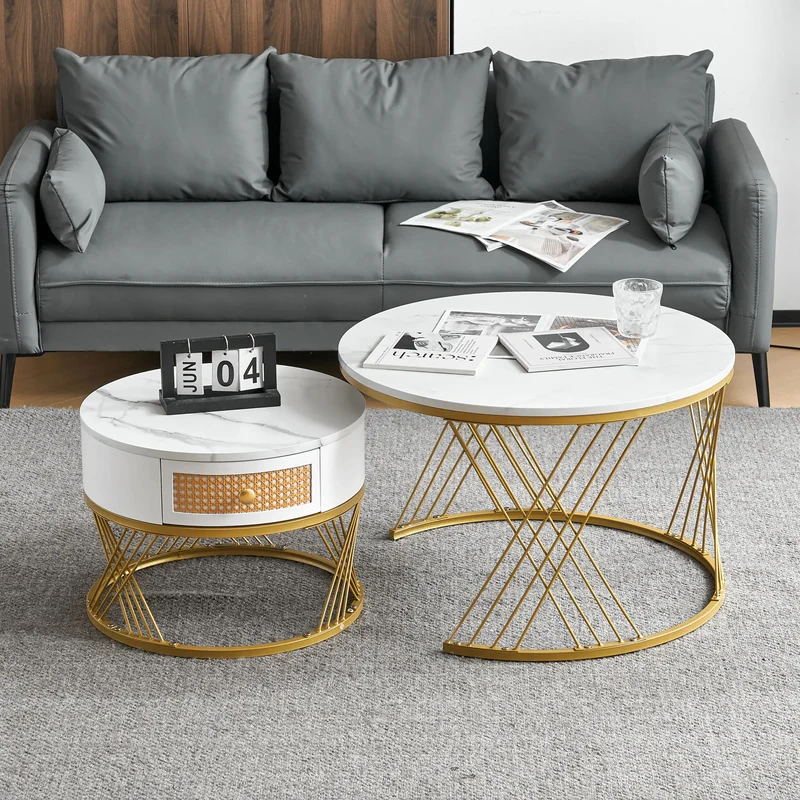 Salontafel Set – Nestbare Tafels – Witte Marmer Salontafel – Lage Tafels – Met Lade – Met Gouden Details