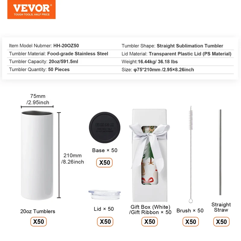 VEVOR 8/12/14/16/24/50PC Straight Sublimation Tumblers Blank Tumbler Bulk Stainless Steel Double Wall Tumbler Cups Heat Transfer