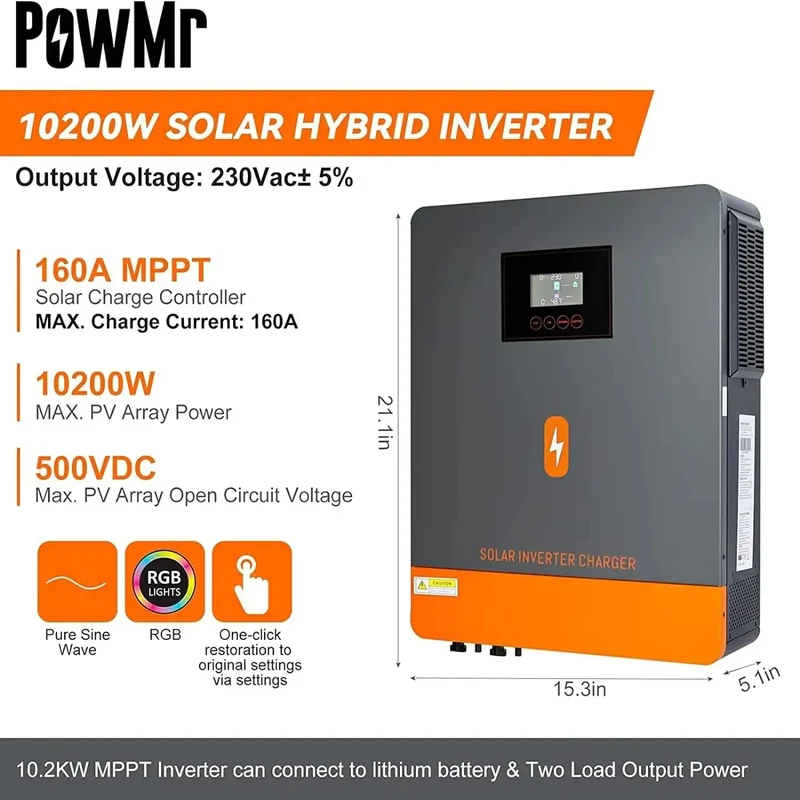 Hybride Zonne-omvormer – Zonne-energie Omvormer – Solar Inverter – Netgekoppelde Omvormer – 10,2 kW – Dual MPPT – Pure Sine Wave Uitgang