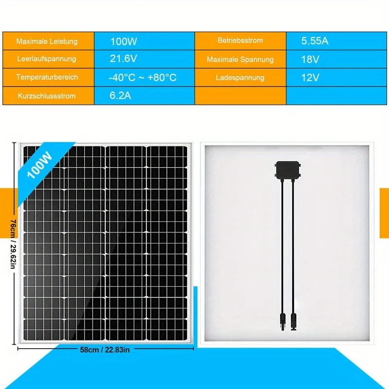 100W 120W 200W 300W Monocrystalline Solar Panels for Caravan Camping, Solar Panels for Power Generation On Boats, Power Generation In Caravans, Power Generation In Homes, Ideal for Campervans, Motorhomes, Caravans, Lorries, L
