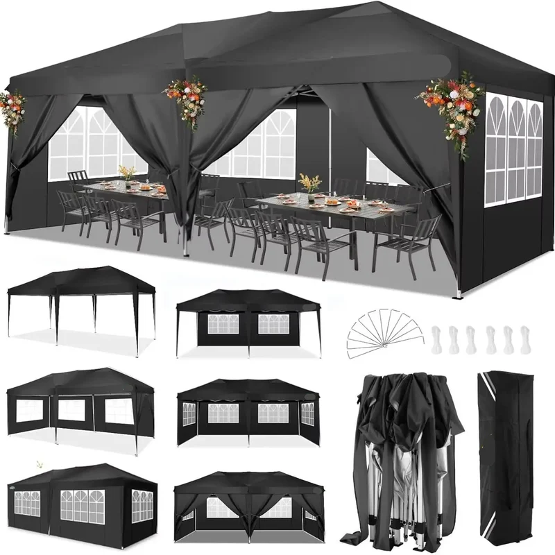 Partytent – Opvouwbaar Tuinhuisje – Buiten Tent – Schaduw Tent – 3x6 Meter – Waterdicht 210D Oxford – Verstelbare Hoogte - Zwart