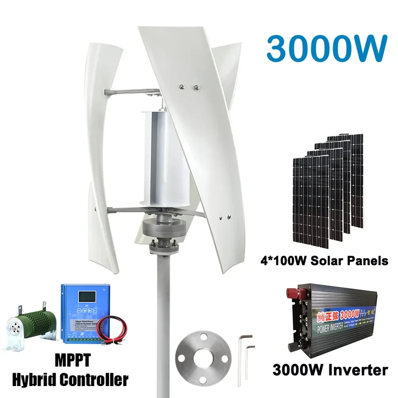 Windturbine – Windgenerator – Windmolen – Duurzame Energie – 3000W Vermogen – Aluminium Behuizing - Wit - 12V - Met Zonnestelsel