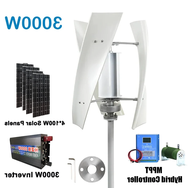 Windturbine – Windgenerator – Windmolen – Duurzame Energie – 3000W Vermogen – Aluminium Behuizing - Wit - 48V - Met Zonnestelsel