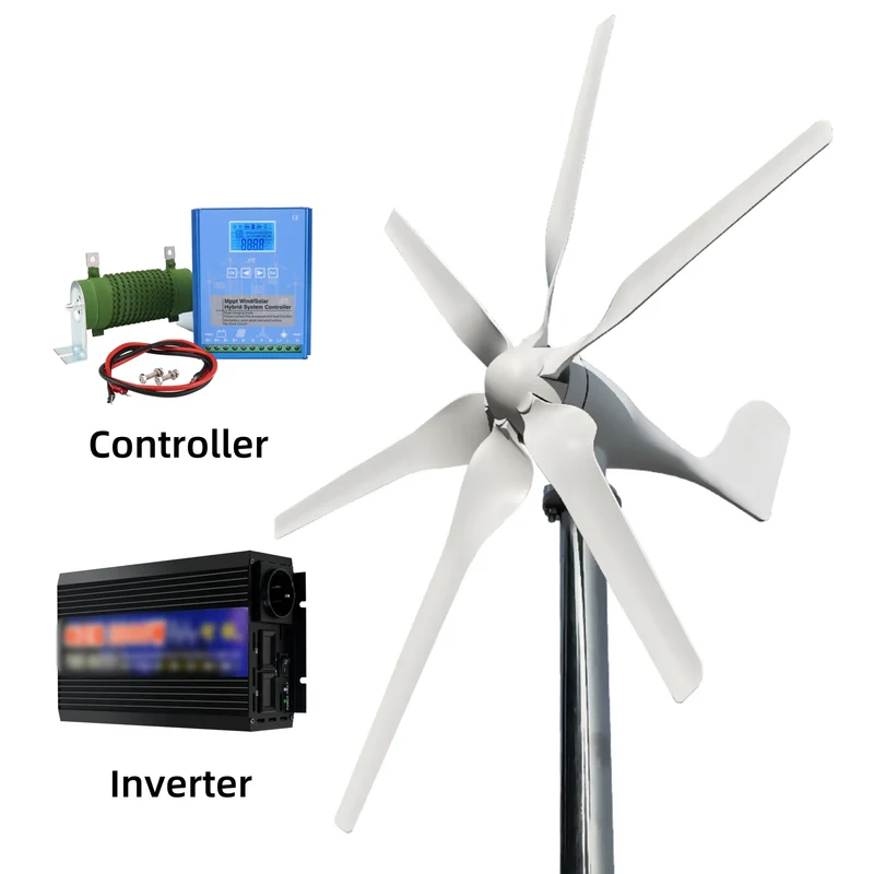 Windturbine – Duurzame Energie – Windgenerator – 6-Bladig – 1000W Vermogen – Glasvezel Basalt Bladen - 48V - Off-grid systeem