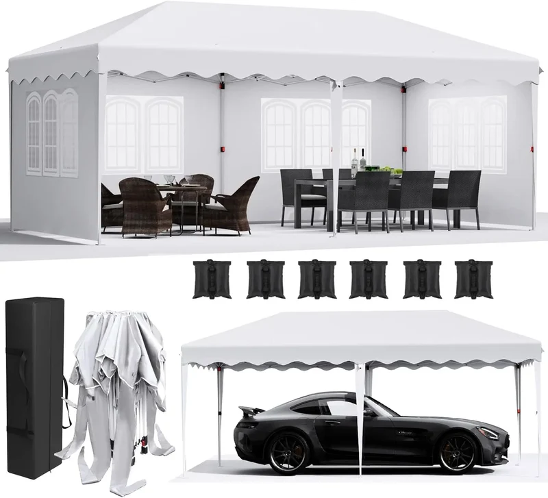 Partytent – Pop-Up Tuinfeesttent – Tuinoverkapping – Schaduwtent – Markttent – Waterdicht 420D Oxford – Verstelbare Hoogte - 3x6m - Wit