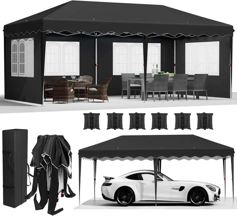 Partytent – Pop-Up Tuinfeesttent – Tuinoverkapping – Schaduwtent – Markttent – Waterdicht 420D Oxford – Verstelbare Hoogte - 3x6m - Zwart
