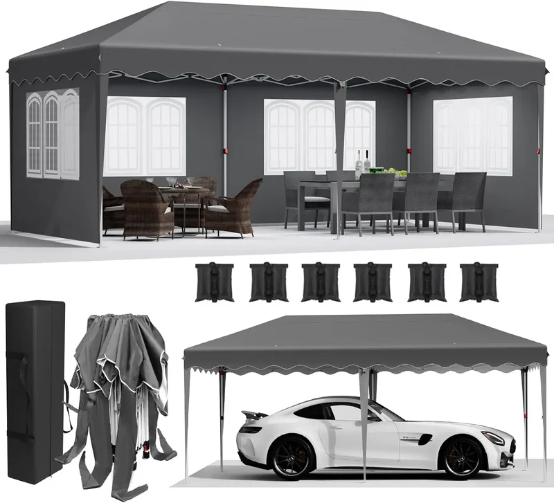 Partytent – Pop-Up Tuinfeesttent – Tuinoverkapping – Schaduwtent – Markttent – Waterdicht 420D Oxford – Verstelbare Hoogte - 3x6m - Grijs