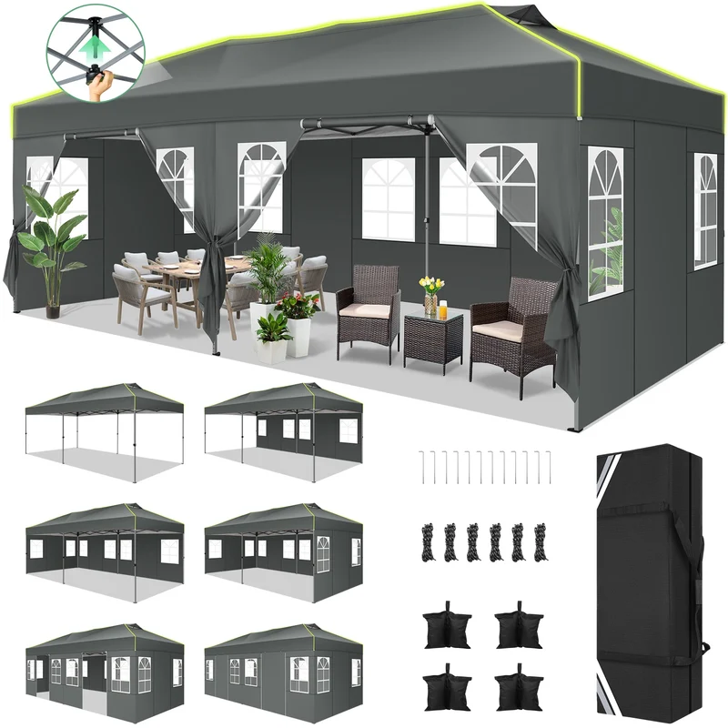 Tuinpaviljoen – Partytent – Prijstent – Inklapbare Feesttent – Tuinkamer – Overkapping – Waterdicht 210D Oxford Materiaal – UPF 50+ UV Bescherming - 3x6m - Grijs
