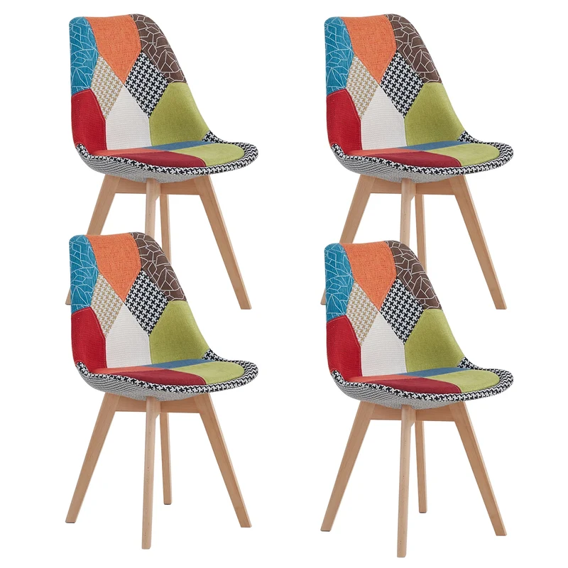 Patchwork Stoel – Eetkamerstoel – Bureaustoel – Linnen Stoel – Houten Frame – Ergonomisch Design – 50x42x83,5 cm